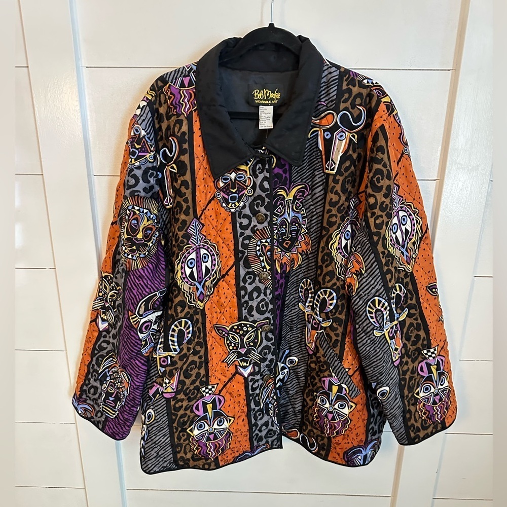 NWT BOB MACKEY 3X Silk Aztec colorful woman art 2 wear animal print jacket - Picture 2 of 15